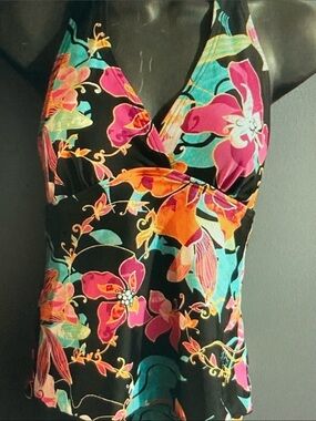 croft & barrow Black Floral Halter Swim Top with Pink, Orange & Teal